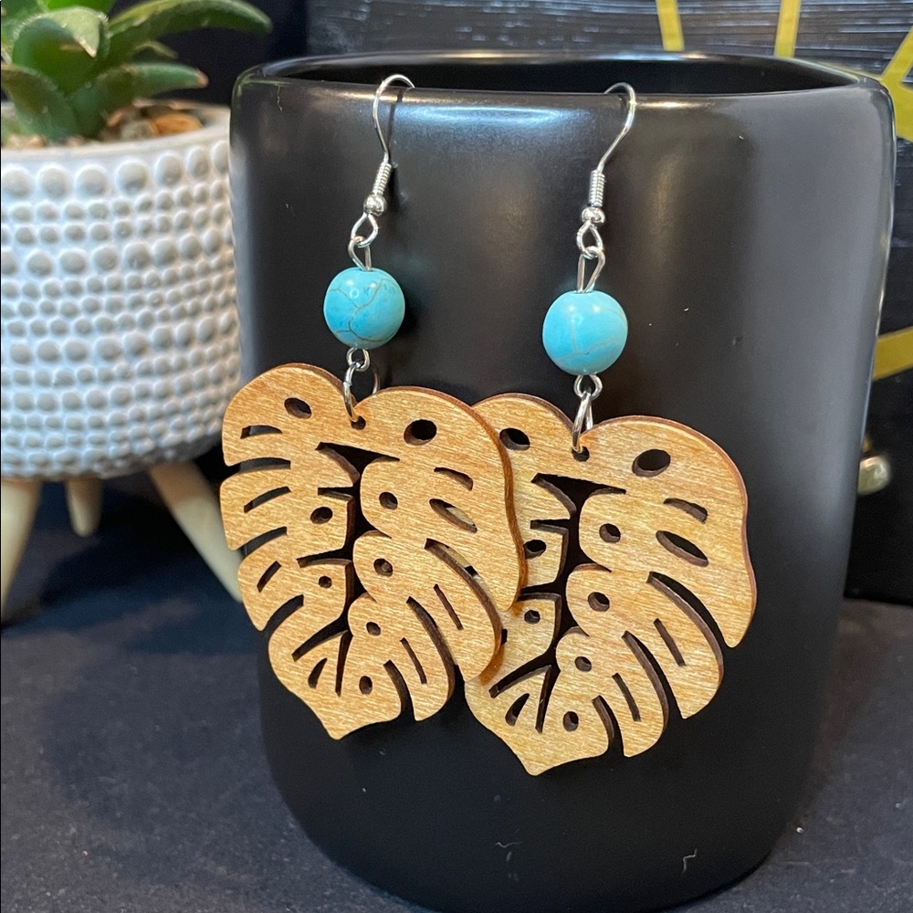 Monstera Leaf Design Earrings with Turquoise Beads